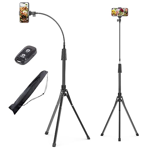 UBeesize 92’’ Cell Phone Tripod Stand with 16.5’’ Gooseneck and Remote, Overhead Tripod with Adjustable 360°Ball Head & Phone Holder for iPhone 14 Pro Max/Plus/13/12/11, Android Cell Phone - Black - 92in