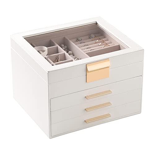 Frebeauty Clear Lid Jewelry Box,4 Layers Jewelry Organizer Large Multi-Functional Jewelry Storage Box with 3 Drawers,Jewelry Display Case of Rings Earrings Necklace Bracelets for Women (White) - White