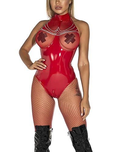 FEOYA Womens Catsuit Patent Leather Bodysuit Zipper Crotch Shinny Teddy One Piece Metallic Unitard Leotard XS-3XL - Red - Medium