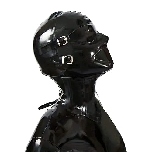 Full Face Cover Mask with Mouth Plug and Eye Patch, Sex BDSM Latex Hood Mask SM Mask with Zipper - Small