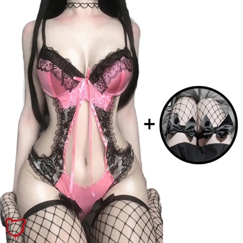 Luring' Black/Pint Floral Lace Lingerie Set - Set with Stocking / One size