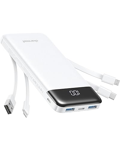 Portable Charger with Built in Cables, Portable Charger with Cords Wires Slim 10000mAh Travel Battery Pack 6 Outputs 3 Inputs 3A Fast Charging Power Bank for Samsung Google Pixel LG Moto iPhone iPad - White
