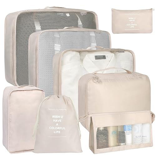 8 Set Packing Cubes for Suitcases, kingdalux Travel Luggage Packing Organizers with 3PC Large Storage Bag, Compression Storage Laundry Clothing Underwear Shoe Bag Travel Essentials, for Man & Women - Beige Color - 8Set