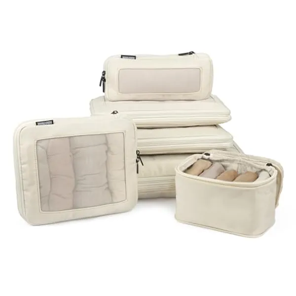 Aerotrunk Compression Packing Cubes for Travel - Luggage Organizer Bags - Double Zipper Packing Cubes for Suitcases (6-Pack, Beige)