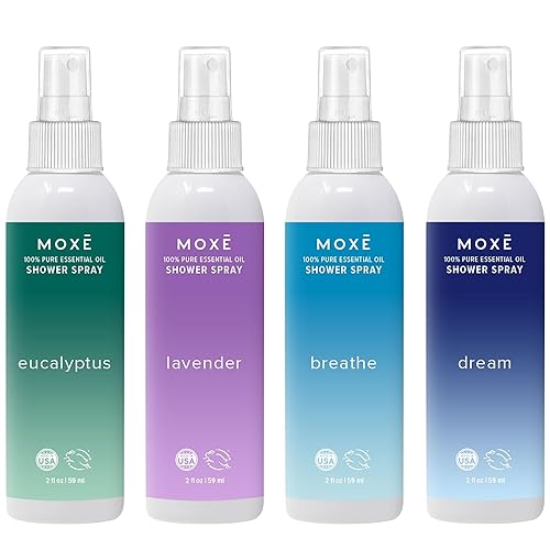 MOXE Aromatherapy Shower Mist Variety Pack, Eucalyptus, Lavender, Breathe and Dream, Spa Steam Spray, Natural 100% Essential Oils, Made in USA, Aromatherapy, Sinus Congestion Relief, 4 Pack (8oz) - Variety Pack - 2 Fl Oz (Pack of 4)