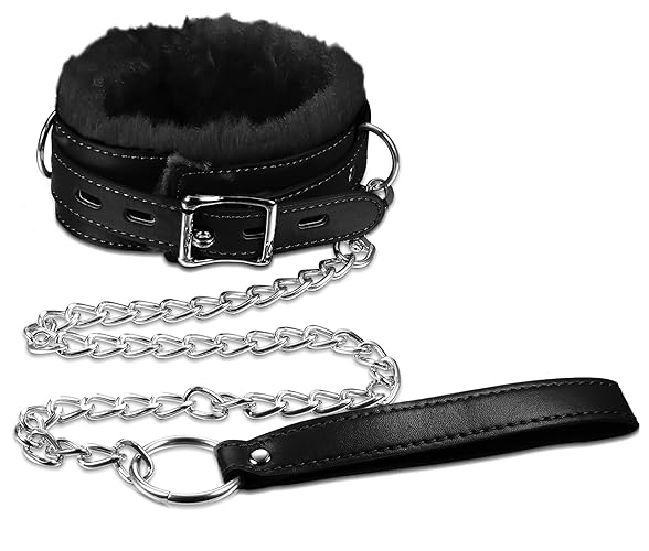 Thunaraz Plush Leather Collars Choker with Chain Detachable Leash Rope Cosplay Couple Jewelry for Women Black/Pink/Purple/Red - Black