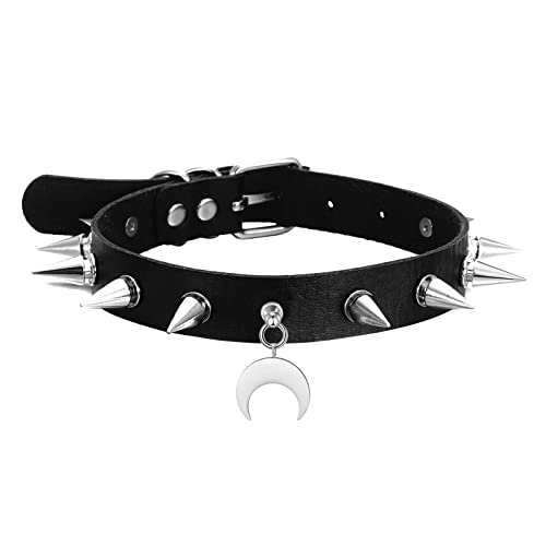 FNQUFUJ Goth Choker Necklaces For Women Leather Collar Spiked Chokers Moon Cross Pendants Cosplay Gothic Accessories - silver