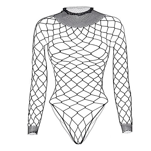 Tosmifairy Fishnet Bodysuit Top for Women Stretch One Piece Long Sleeve Mesh Romper Body Suit - Black
