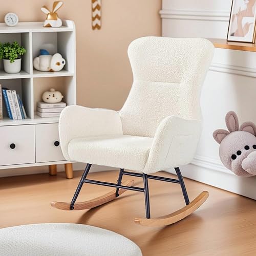 oaaktu Nursery Rocking Chair,Upholstered Glider Rocker with High Backrest for Living Rooms, Bedrooms, Offices (Beige Teddy) - Beige Teddy