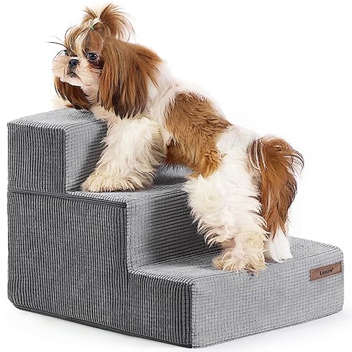 Lesure Dog Stairs for Small Dogs - Pet Stairs for Beds and Couch, Folding Pet Steps with CertiPUR-US Certified Foam for Cat and Doggy, Non-Slip Bottom Dog Steps, Grey, 3 Steps - 3-Step (H: 13.5IN) - Grey