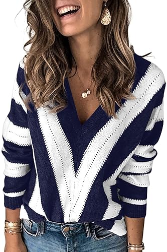 Qixing V Neck Long Sleeve Tops for Women Sweaters Striped Knitted Pullover - Medium - 02-fp Navy Blue-white