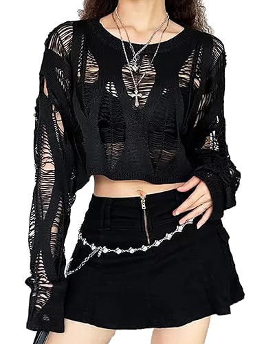 Vinsekep Women's See Through Hole Ripped Crop Tops Knit Pullover Short Sweaters - 2-black - One Size