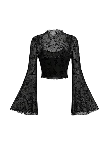 Verdusa Women's Y2K Floral Mesh Long Sleeve Crop Tops Mock Neck Bell Sleeve Going Out Tops - Medium - Black