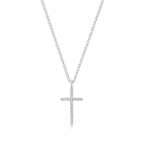 Cz Cross Pendant Necklace - Rhodium Plated Sterling Silver