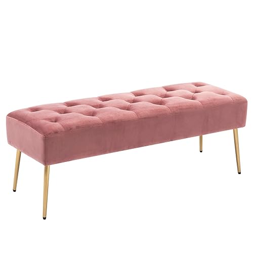 DUHOME Modern Velvet Ottoman Bench, Button-Tufted Upholstered Bedroom Benches,End of Bed Bench with Gold Base for Entryway Living Room Dining Room, Pink - Pink