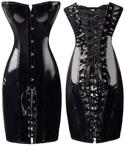 KHDFYER Sexy Costumes for Women Gothic Sexy Shiny Long Leather Wetlook Off Shoulder Bodycon Dress PVC Latex Corset Dress Party Night Club Vestidos - Black - M