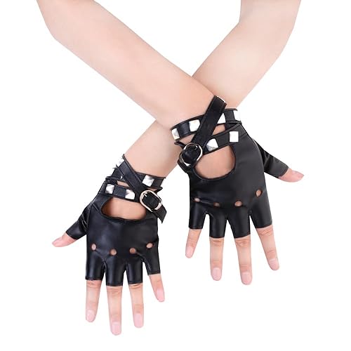 JISEN Women PU Leather Punk Gloves Rivets Belt Up or Snap Half Finger Performance Mittens - A-Black
