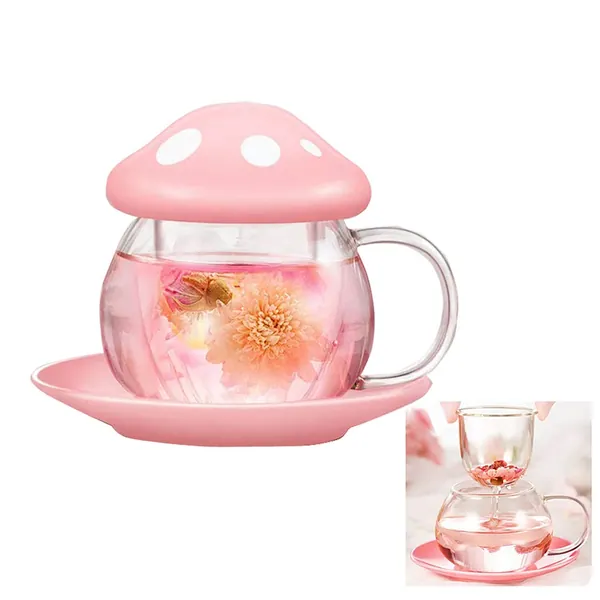 Cute Tea Cup Mushroom Mug Glass Tea Cups with Tea Infuser Strainer Filter Clear Teapot with Ceramic lid Coaster Heat Resistant 290ML 9.6oz (Pink)