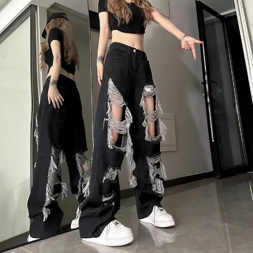 'Recall' Black Grunge Ripped Tassel Pants - black / M