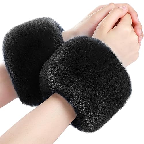 SATINIOR Faux Fur Short Wrist Cuff Winter Wrist Cuff Warmers Fuzzy Wrist Cuff for Women Girls Favors - Black