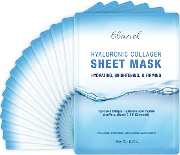 Ebanel 15 Pack Collagen Peptide Hydrating Face Masks, Instant Brightening Firming Anti Aging Face Sheet Masks, Moisturizing Spa Face Masks Skincare with Hyaluronic Acid, Vitamin C, Chamomile, Aloe - 0.7 Ounce (Pack of 15)
