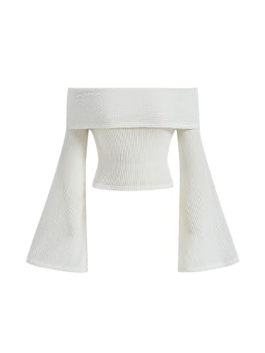 Verdusa Women's Off Shoulder Bell Long Sleeve Slim Fitted Crop Tee Top - Large - White