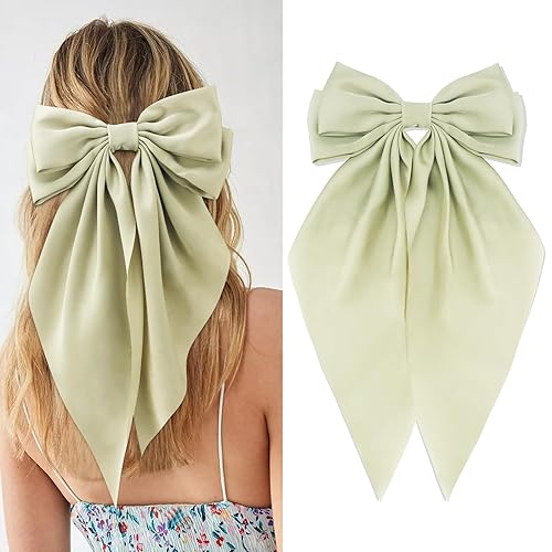 Velscrun Hair Bows for Women Girls Green Silky Satin Large Coquette Hair Bow Oversized Hair Ribbons Big Hair Bows Clip Long Tail Bowknot Hair Barrettes Halloween Christmas Hair Accessories - Green