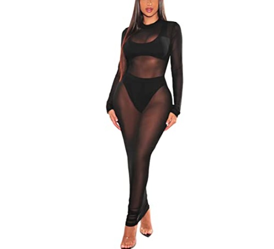 Azhong Women’s Sexy See Through Long Sleeve Mock Neck Sheer Mesh Bodycon Cocktail Club Party Cover Up Maxi Dress - X-Large - Black