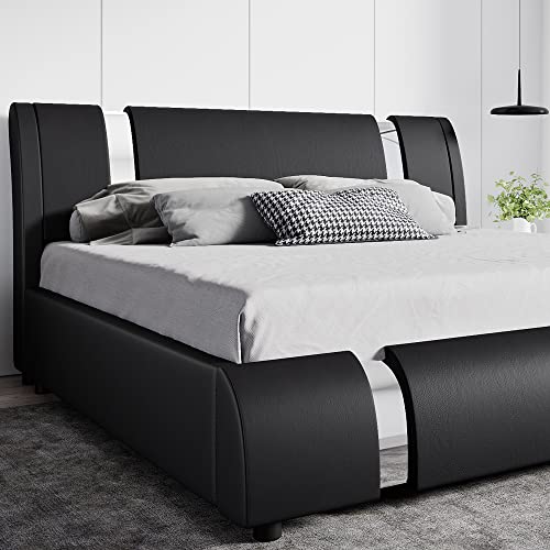 SHA CERLIN Modern Faux Leather Queen Bed Frame with Adjustable Headboard and Iron Accents, Deluxe Upholstered Platform Bed with Solid Wooden Slats Support/No Box Spring Needed, Black - Black - Queen