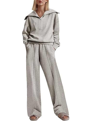 Aleumdr Two Piece Outfits Half Zip Sweatshirt Sweatsuit Lounge Sets for Women Matching Set Wide Leg Sweatpant Tracksuit - Medium - A2 Gray