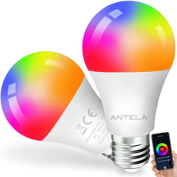 Alexa Glühbirne E27 9W, ANTELA Smart WLAN LED RGB Dimmbare Birne Lampe, App Steuern Kompatibel mit Google Home, Warmweiß (2700K) Kaltweiß (6500K), Kein Hub Benötigt, 2 Stück - E27-2