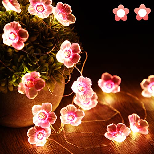 Kirschblüten-Lichterkette für Mädchen-Schlafzimmer, rosa Lichterkette, 40 LEDs, USB und batteriebetrieben, dekorative Lichter für drinnen und draußen, 4 m