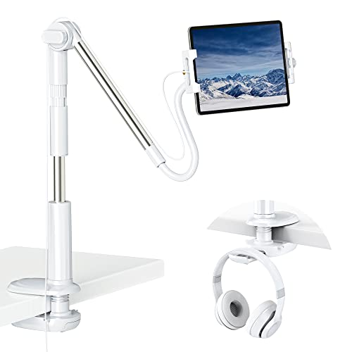 Tablet Ständer Schwanenhals für Bett, 360° Verstellbar iPad Halterung Schreibtisch, Flexible Handy Halter für Videoaufnahmen, Bett- und Kopfteilklemme für iPad Pro 12.9 Air Mini Nexus 4.7"-12.9" Weiß - Weiß