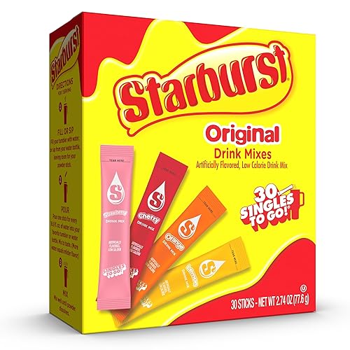 Starburst Singles to Go Variety Pack, Watertok Powdered Drink Mix, Includes 4 Flavors, Strawberry, Cherry, Orange And Lemon 1 Box (30 Servings) - Variety-30ct