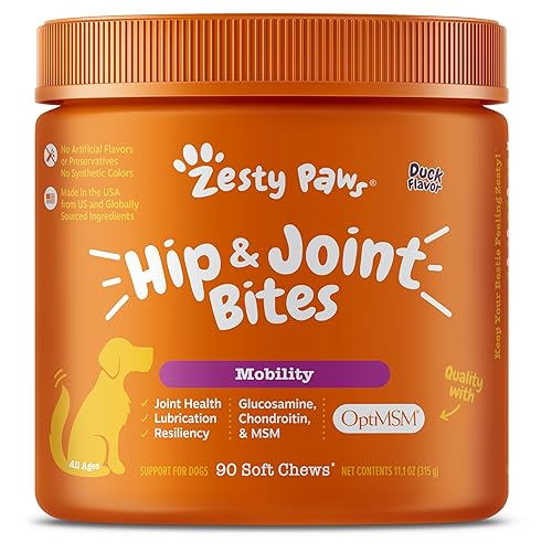 Zesty Paws Hip and Joint Supplement for Dogs - Glucosamine for Dog Joint Supplement - with Chondroitin, MSM, Vitamins C and E for Dog Joint Relief - Mobility Bites Duck – 90 Count - Duck - 90 Count (Pack of 1)