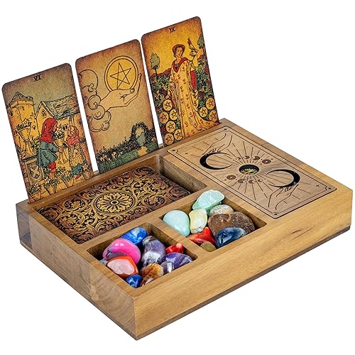Curawood Tarot Card Holder Stand Display & Deck Box - Witchy Gifts for Women, Tarot Accessories, Wiccan Altar Supplies, Crystal Holder Tray, Witchcraft Decor - 3-Card Stand with Deeper Compartment - 3-Card Stand w/ Deep Compartment