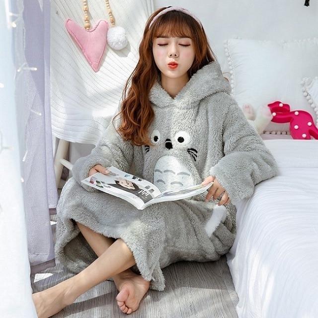 Fuzzy Chinchilla Nightgown - Totoro Grey Hooded
