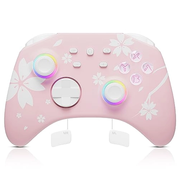 Mytrix Wireless Pro Controllers Compatible with Nintendo Switch, Windows PC iOS Android Steam/Steam Deck, Sakura Pink Bluetooth Controller with Programmable, Wake-Up, Headphone Jack, Adjustable LED Light/Turbo/Vibration