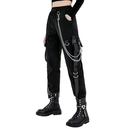 MEINVQIAOTI Black Cargo Pants for Women Techwear Women Loose Street Rock Style Casual Black Pants with Chain Goth Pants - Small - Black
