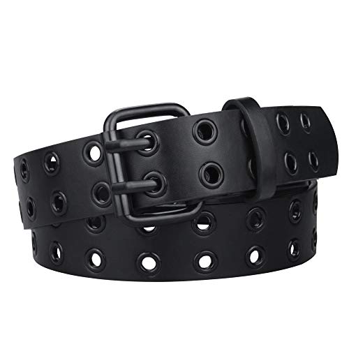 macoking Grommet Leather Belts for Women, Black Belt Women Men with Double Studded Holes - All Black-double Holes - Fit for waist up to 37"