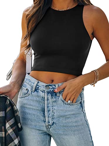 REORIA Women's Sleeveless Halter Neck Double Lined Casual Basic Tank Crop Tops - Small - Black