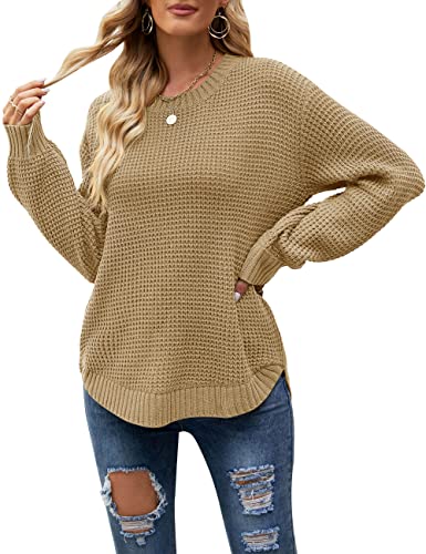 MEROKEETY Women's 2024 Fall Casual Fall Waffle Knit Sweater Long Balloon Sleeve Loose Pullover Jumper - Khaki - Medium