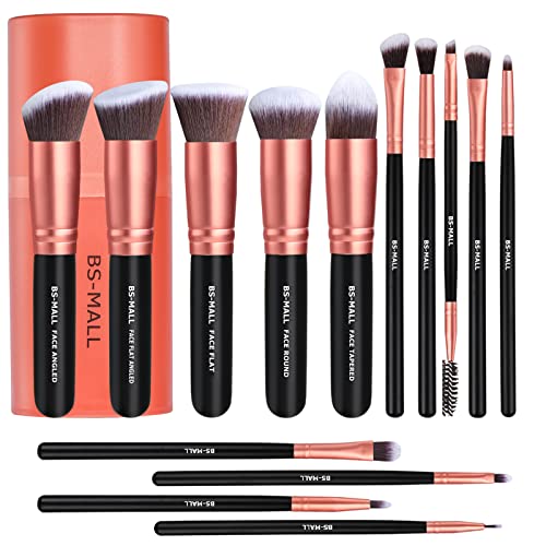 Makeup Brushes BS-MALL Premium Synthetic Foundation Powder Concealers Eye Shadows Makeup 14 Pcs Brush Set, Rose Golden, with Case - A-Rose Golden
