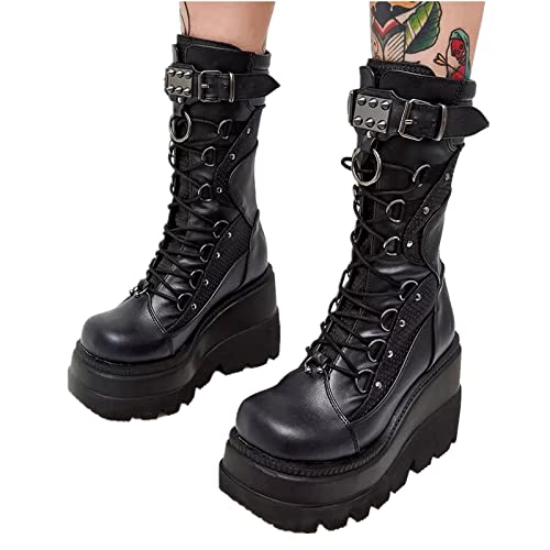 ZKXYFFS Platform Ankle Boots for Women Chunky High Heel Booties Punk Goth Round Toe Combat Boots Womens Lace Up Motorcycle Wedges Boots - 7.5 - Black