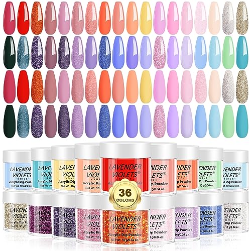 Lavender Violets 36 Colors Dip Nails Powder Starter Kit Purple Pink Green Blue Orange and Red Glitter Acrylic Dipping Nail Powder Set for Beginners and Professionals Dip Manicure DIY M957 - See Dreamy Unicorn