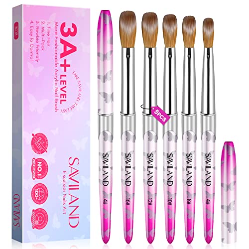 Saviland 5PCS Acrylic Nail Brush Set - Size 4/8/10/12/16 Kolinsky Acrylic Nail Brushes for Acrylic Application, Pink Acrylic Powder Brushes for Acrylic Nails Tool Set for Nail Extension & 3D Carving