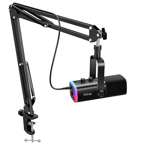 FIFINE XLR/USB Gaming Microphone Set, Dynamic PC Mic for Streaming Podcasting, Computer RGB Mic Kit with Boom Arm Stand, Mute Button, Headphones Jack, for Recording Vocal Voice-Over-AmpliGame AM8T - Black