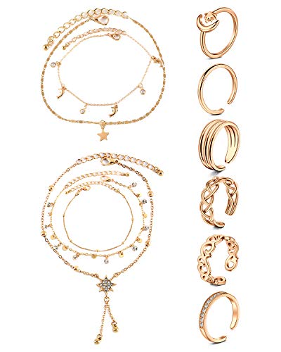 JFORYOU Anklets and Toe Ring Set for Women Girl Silver Rose Gold Chain Layered Anklets Toe Rings Ankle Bracelets Open Adjustable Toe Rings Beach Foot Jewelry - 8pcs-Rose gold