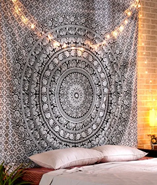 RAJRANG Large King Size Tapestry - Pure Cotton Hippie Tapestries Wall Decor Big Elephant Decorative Boho Room Decoration - Black and White - 90x108 Inches