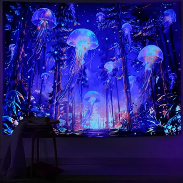 Racunbula Blacklight Forest Jellyfish Tapestry UV Reactive Nature Tree Tapestry Trippy Fantasy Starry Sky Tapestry Aesthetic Wall Tapestry Hippie Jungle Plants Tapestry Wall Hanging for Bedroom